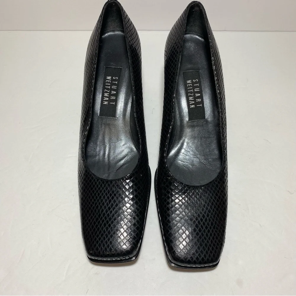 Stuart Weitzman Black Leather Square Toe Heels Pumps.Size 7.5 - Picture 3 of 15